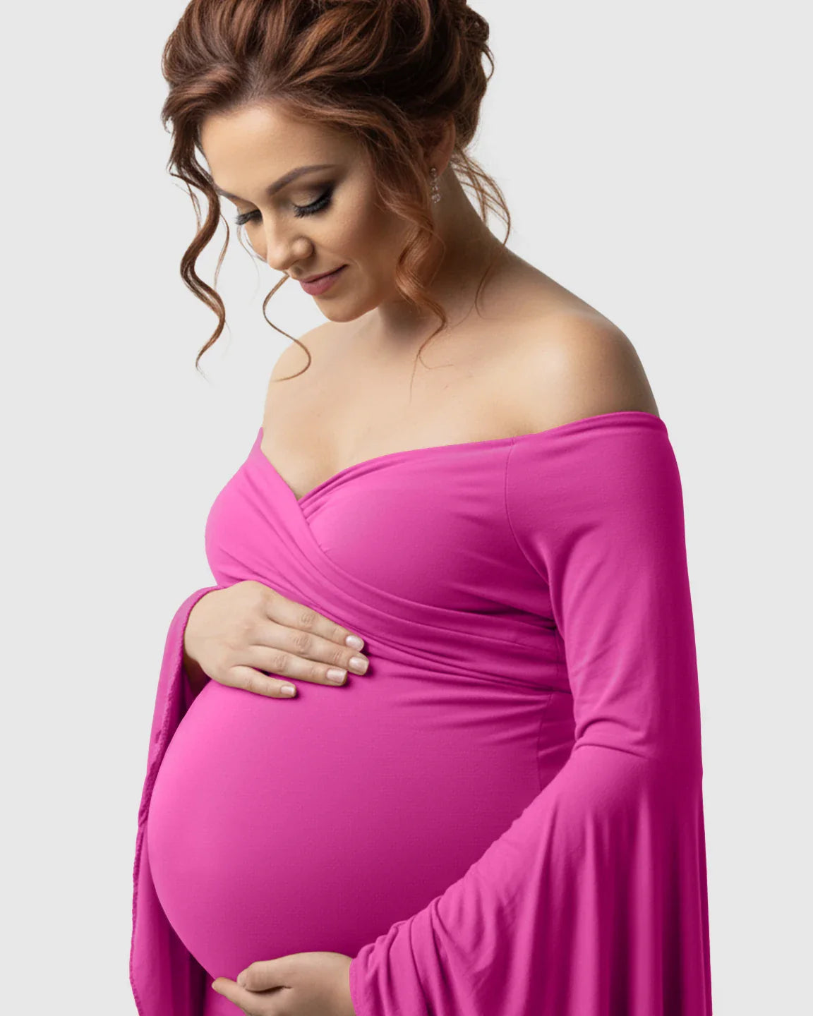 Bump Society – The Comfort Collection: Flared Sleeve Fishtail Train Maternity Photoshoot Dress