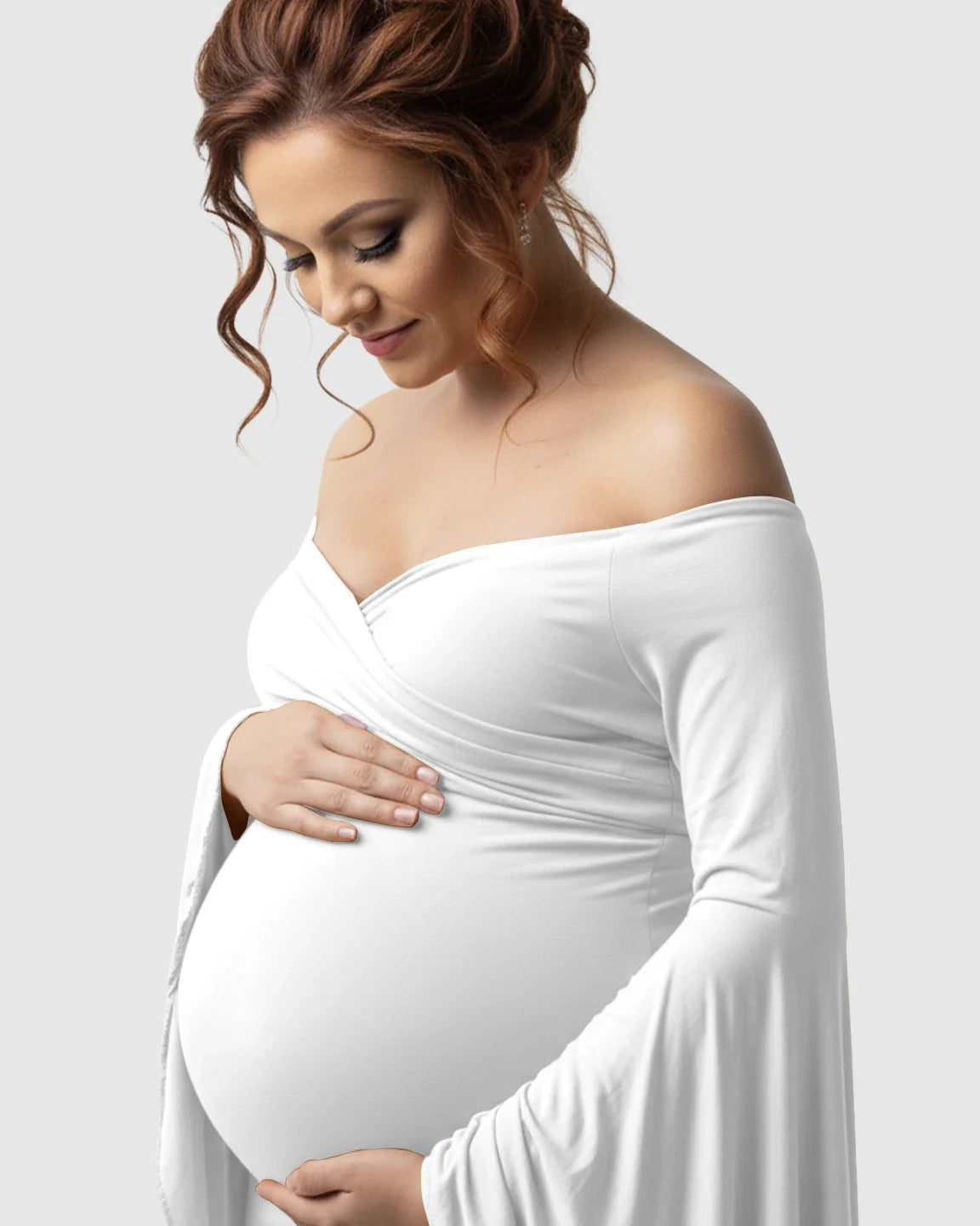 Bump Society – The Comfort Collection: Flared Sleeve Fishtail Train Maternity Photoshoot Dress
