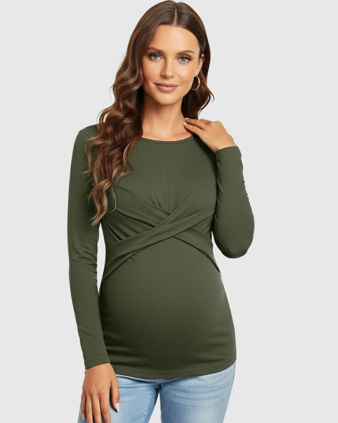 Maternity top in olive green with cross-pleat front, long sleeves, and round neckline.