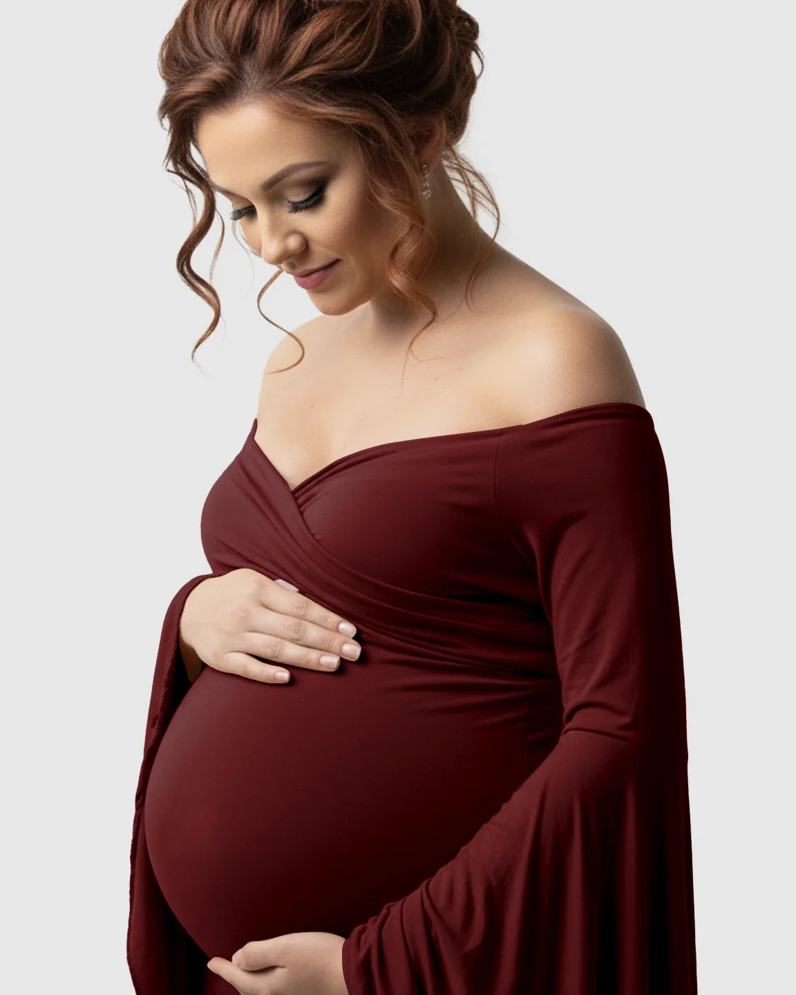 Bump Society – The Comfort Collection: Flared Sleeve Fishtail Train Maternity Photoshoot Dress