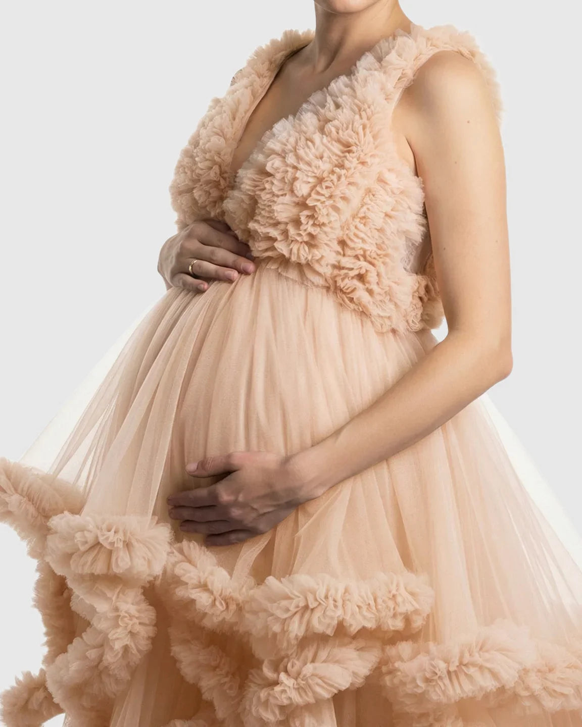 Bump Society – The Comfort Collection: Ruffled Bodice Multi-Layer Mesh Pleats Maternity Gown