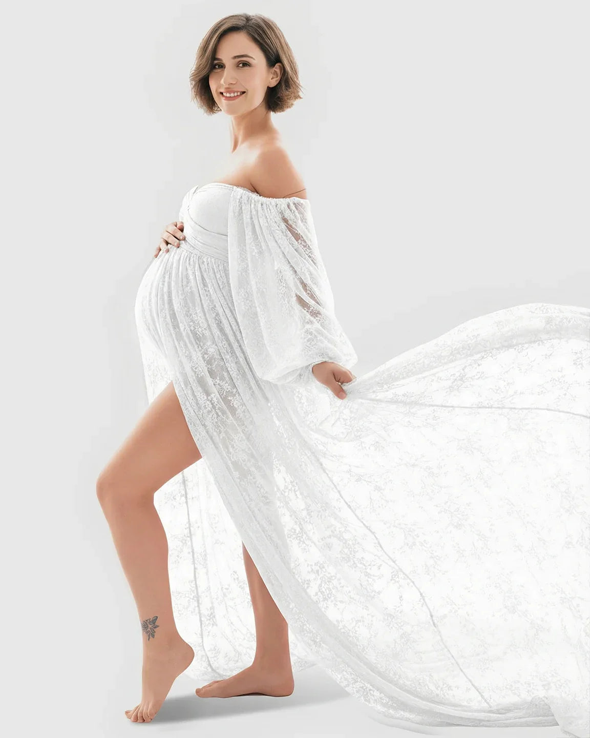 Bump Society – The Comfort Collection: Sheer Lace Flowy Maternity Photoshoot Gown