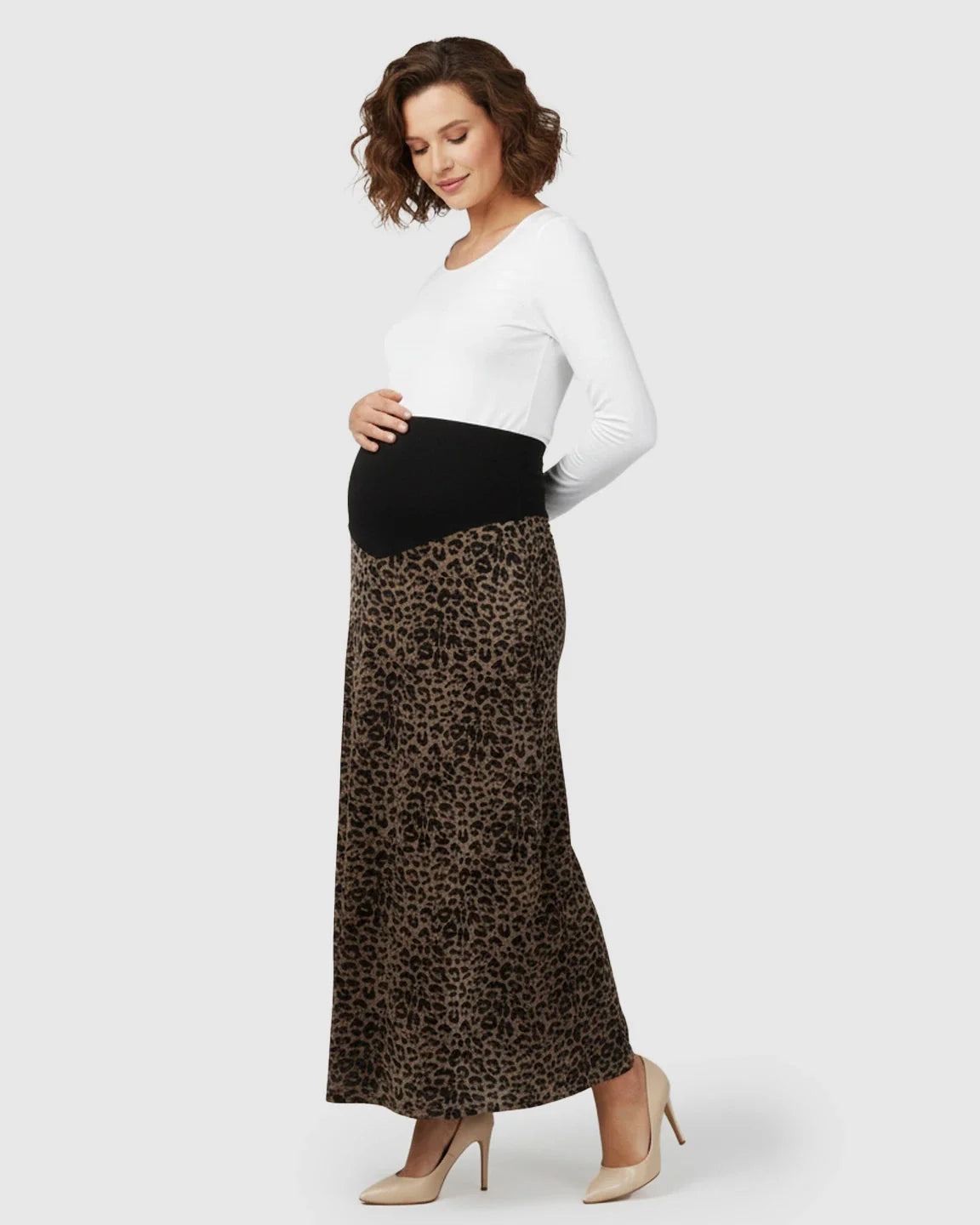 Bump Society – The Comfort Collection: Trendy Leopard Print A Line Cut Maternity Maxi Skirt