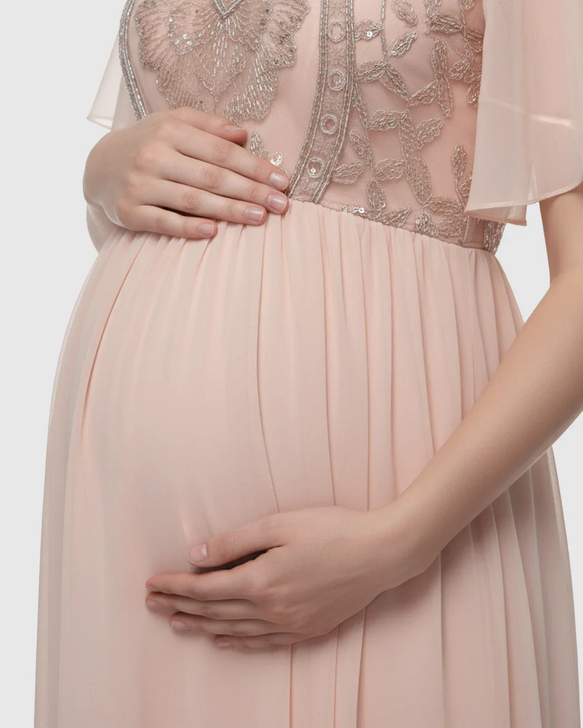 Bump Society – The Comfort Collection: Embroidered Bodice Long Train Maternity Photoshoot Gown