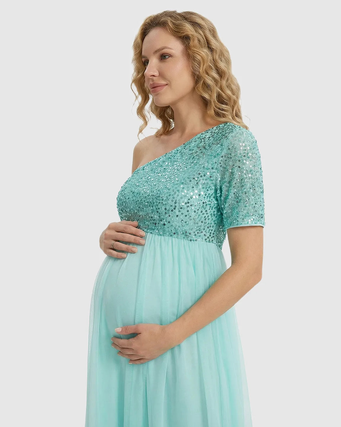 Bump Society – The Comfort Collection: Sequin One-Shoulder Flowy Maternity Maxi Dress