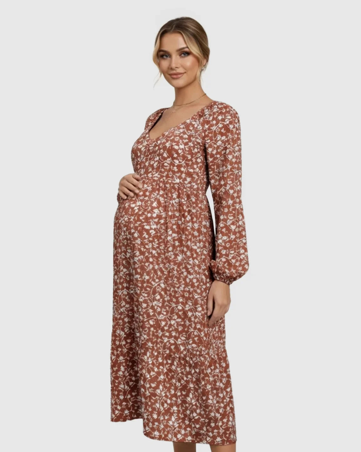 Bump Society – The Comfort Collection: Floral Print Chiffon Flowing Maternity Midi Dress