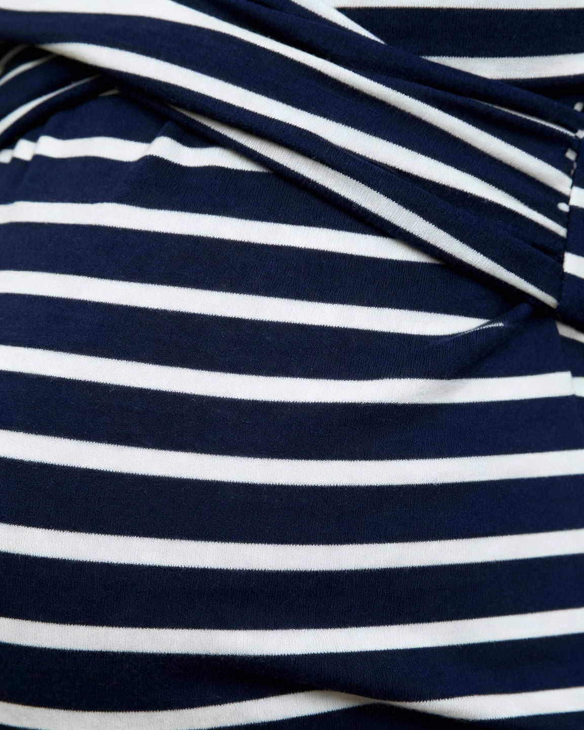 Navy and white striped maternity long-sleeve V-neck shirt with a cross-wrap front for nursing.
