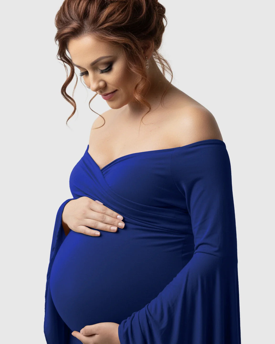 Bump Society – The Comfort Collection: Flared Sleeve Fishtail Train Maternity Photoshoot Dress