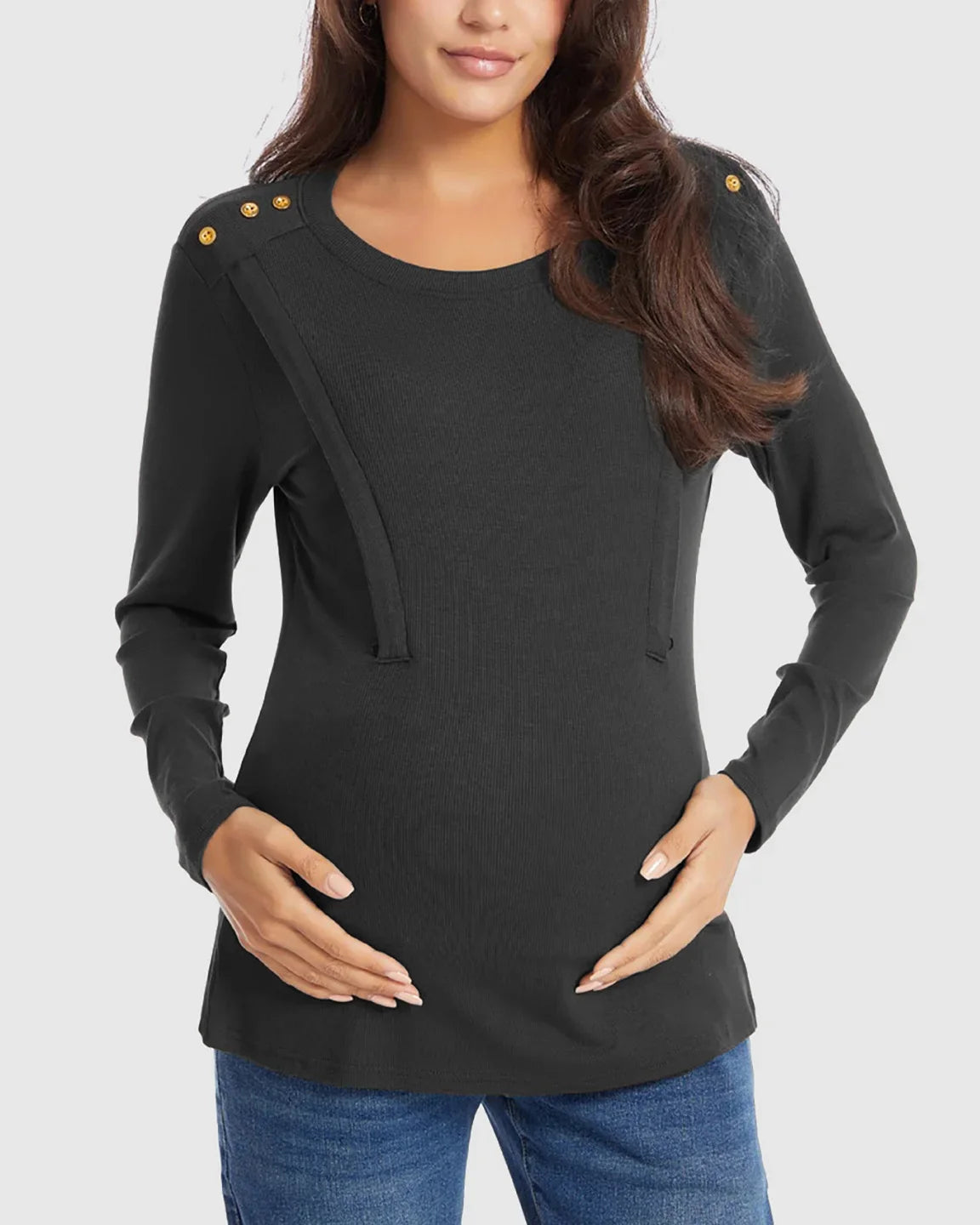 Bump Society – The Comfort Collection: Ribbed Horizontal Zip-Feed Fitted Maternity Shirt