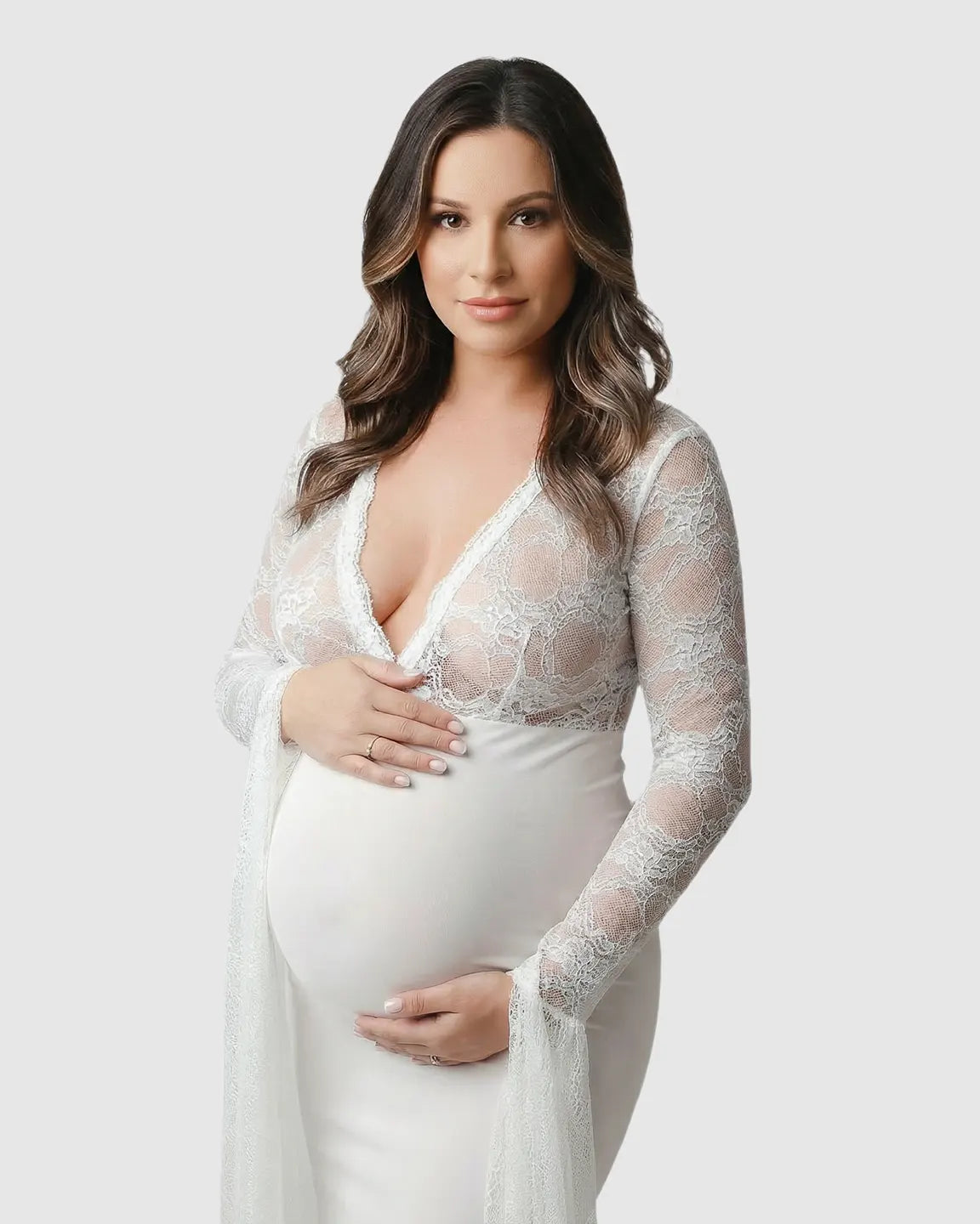 Bump Society – The Comfort Collection: Lace Deep-V Floor-Length Maternity Gown