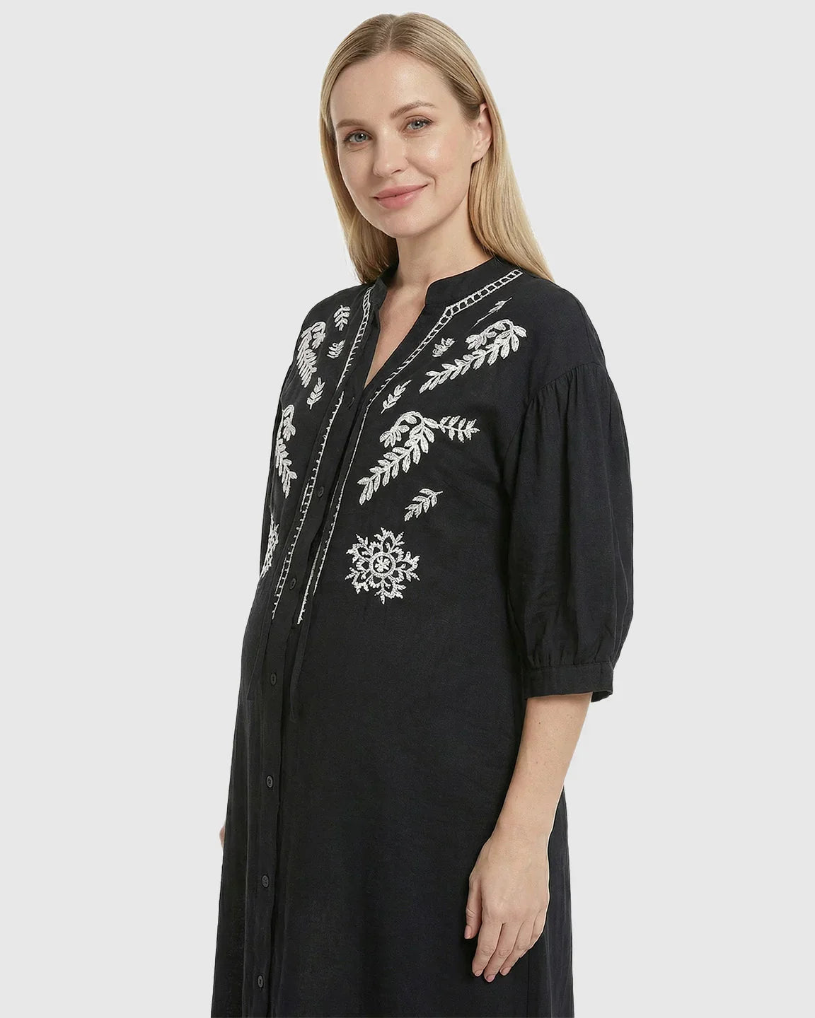 Bump Society – The Comfort Collection: Embroidered Mandarin Collar Loose Maternity Midi Dress