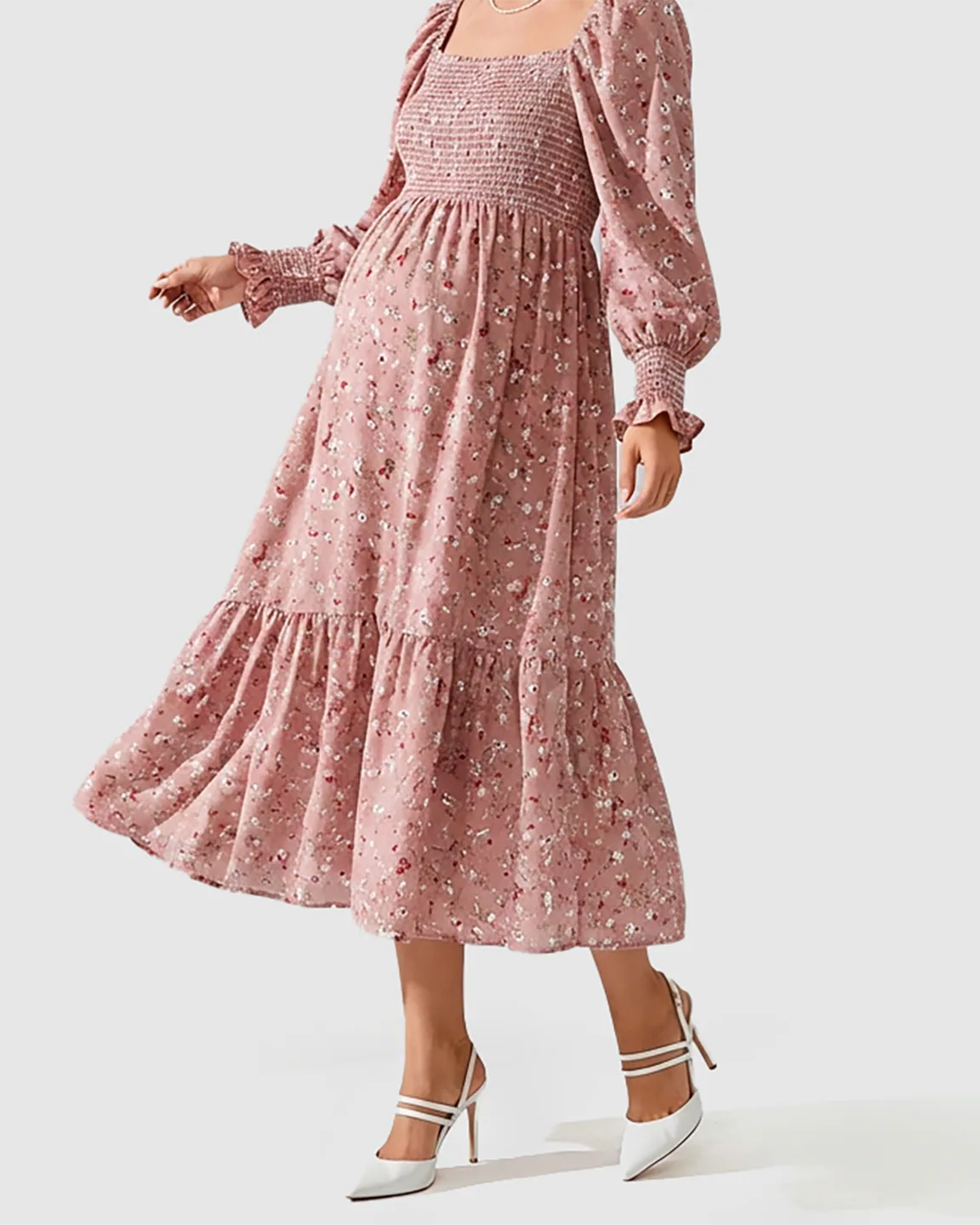 Bump Society – The Comfort Collection: Smocked Bodice Feminine Maternity Midi Dress