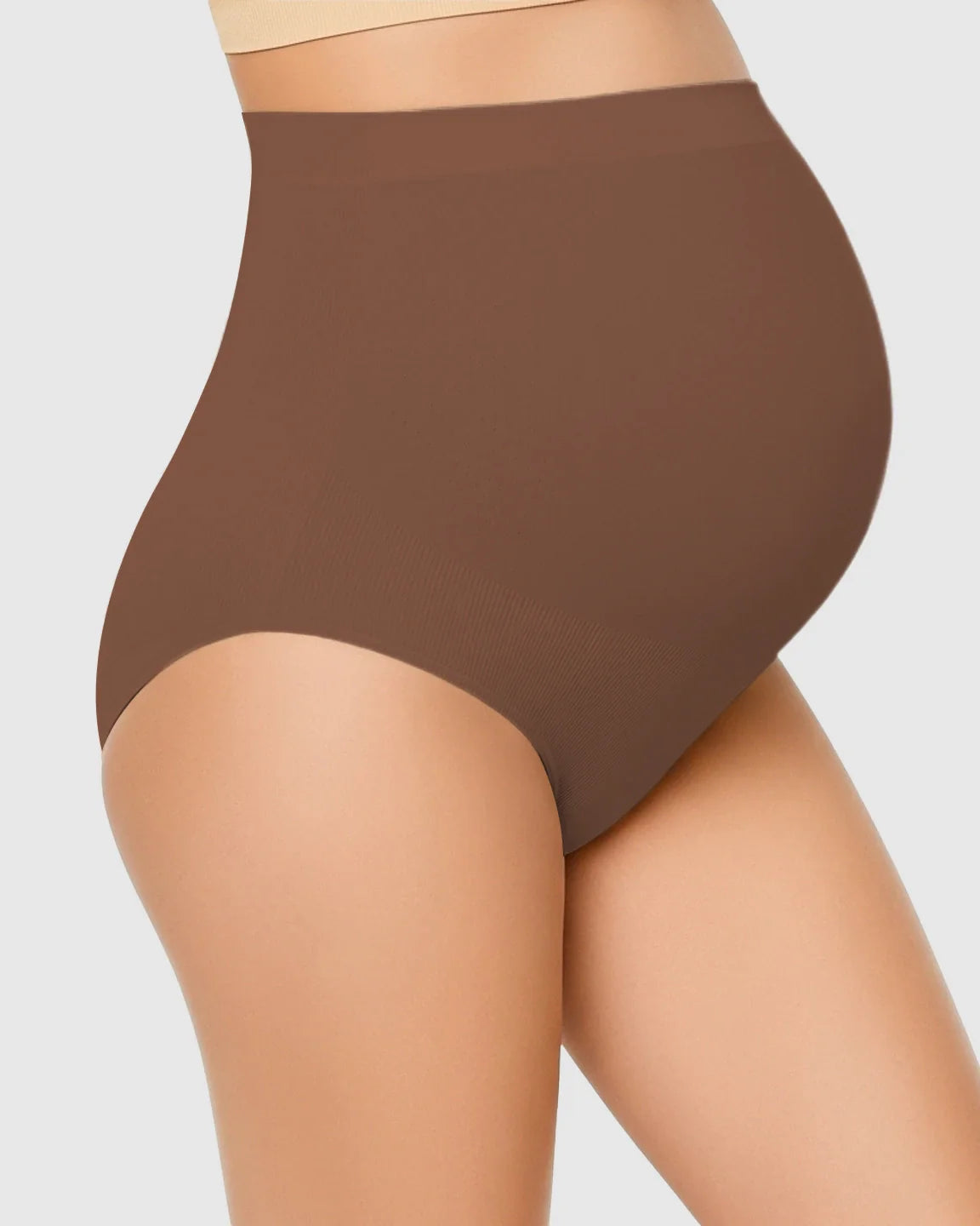 Brown high-waist seamless maternity underwear on a pregnant torso, offering gentle belly support.