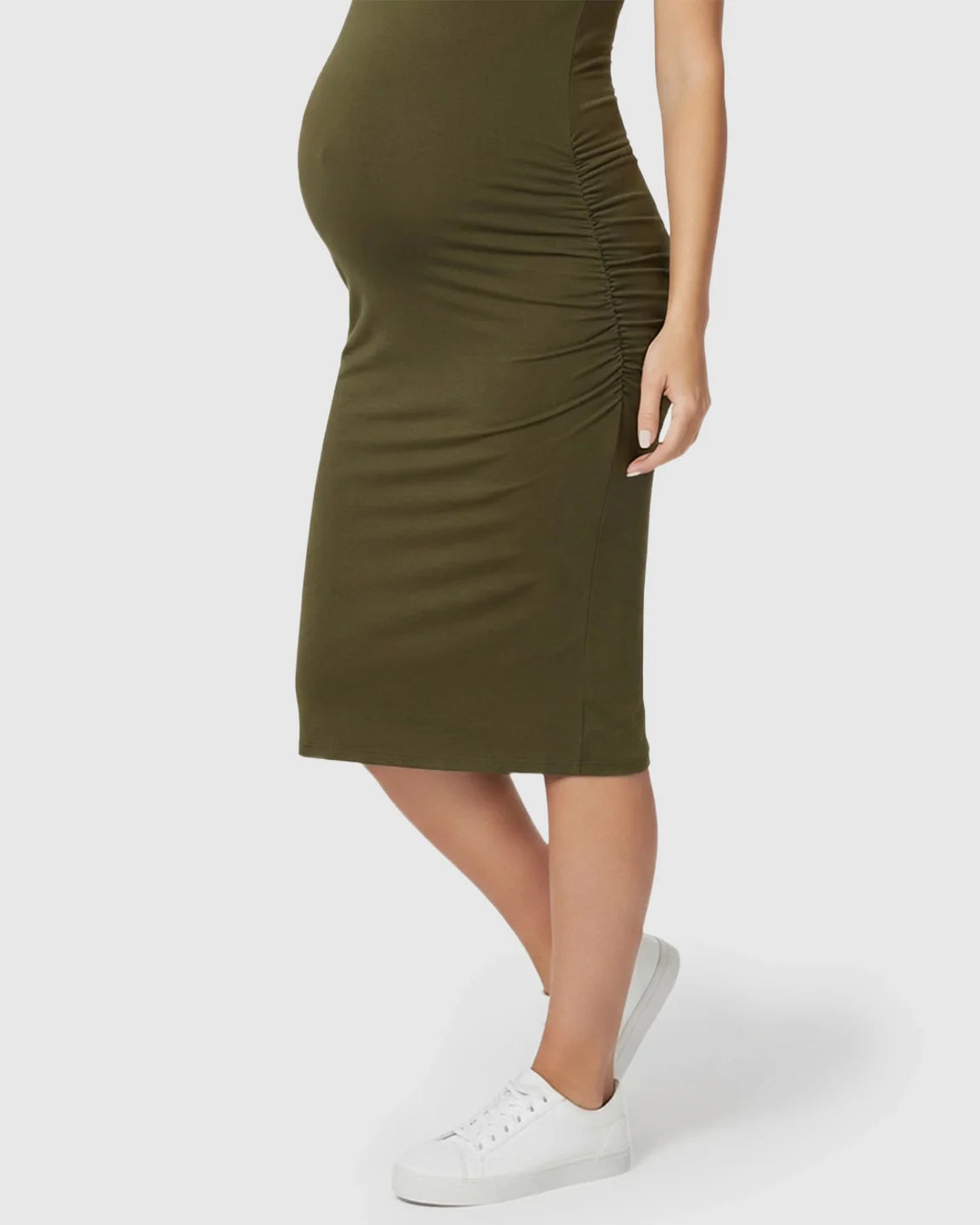 Olive green sleeveless bodycon maternity dress with side ruching, worn by a pregnant model.