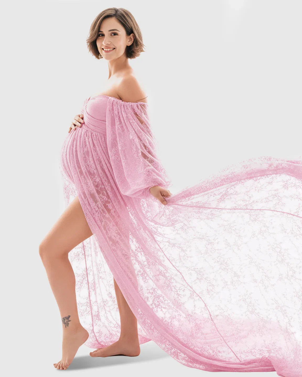 Bump Society – The Comfort Collection: Sheer Lace Flowy Maternity Photoshoot Gown