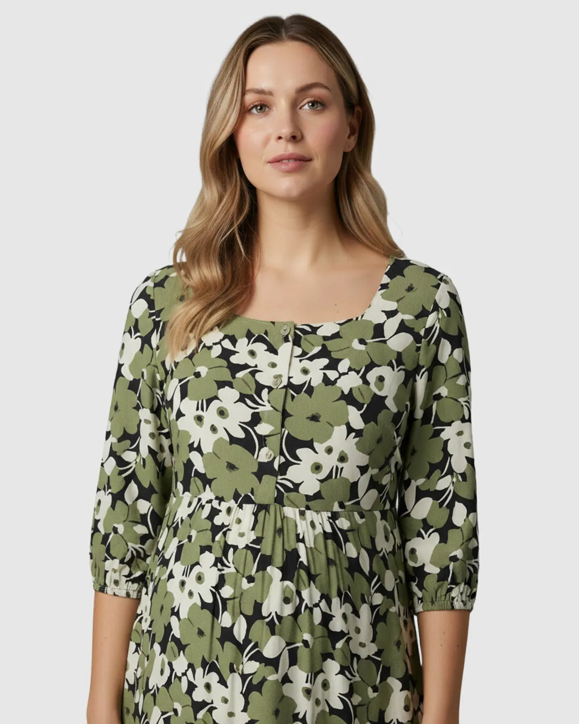 Bump Society – The Comfort Collection: Button Front Square Neck Maternity Midi Dress