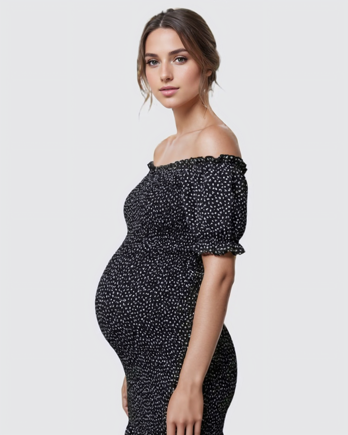 Bump Society – The Comfort Collection: Off-Shoulder Smocked Floral Maternity Midi Dress
