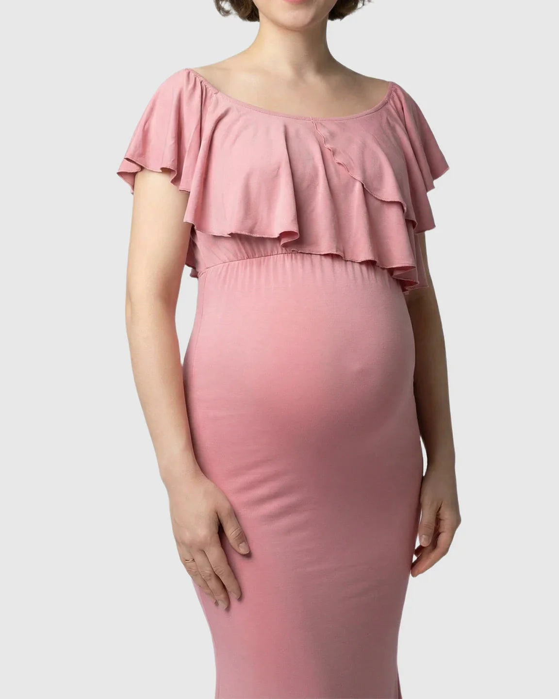 Bump Society – The Comfort Collection: Ruffle-Off Shoulder Trailing Maternity Gown