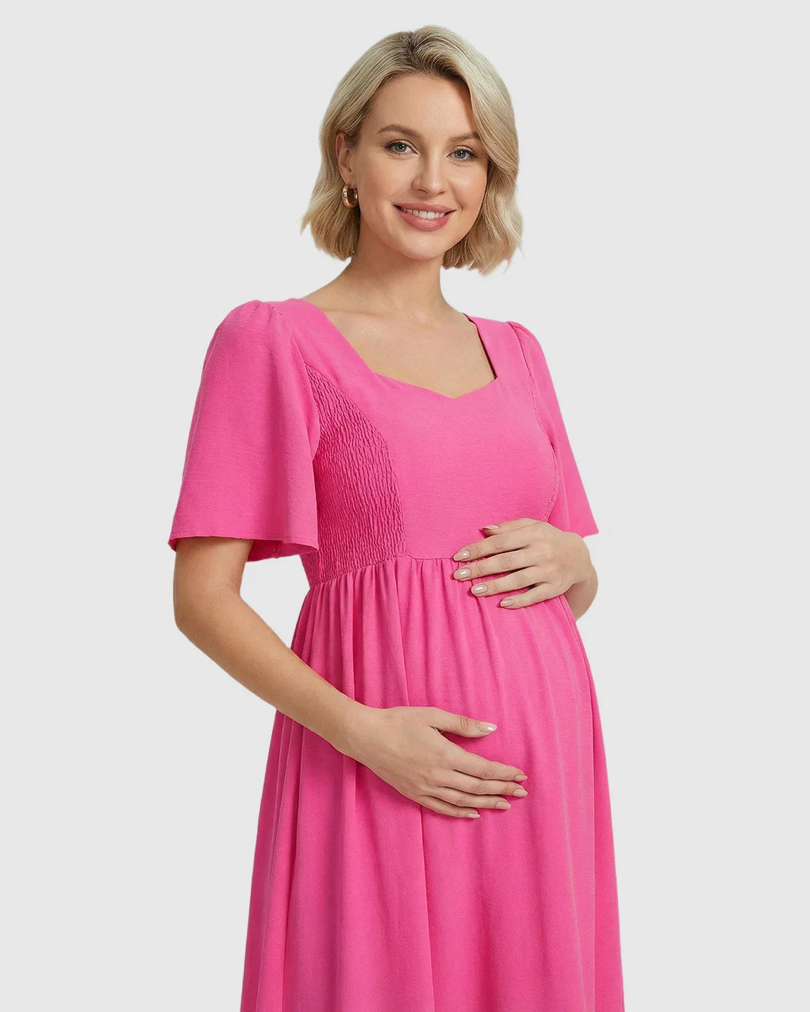 Bump Society – The Comfort Collection: Shirred Ruffle Sleeve Swing Maternity Midi Dress