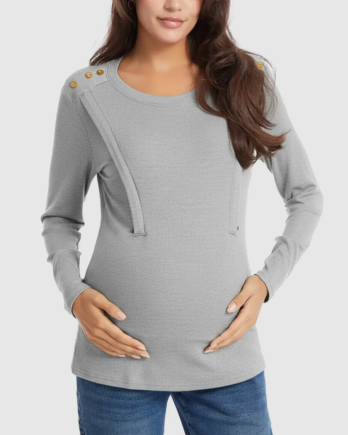 Bump Society – The Comfort Collection: Ribbed Horizontal Zip-Feed Fitted Maternity Shirt