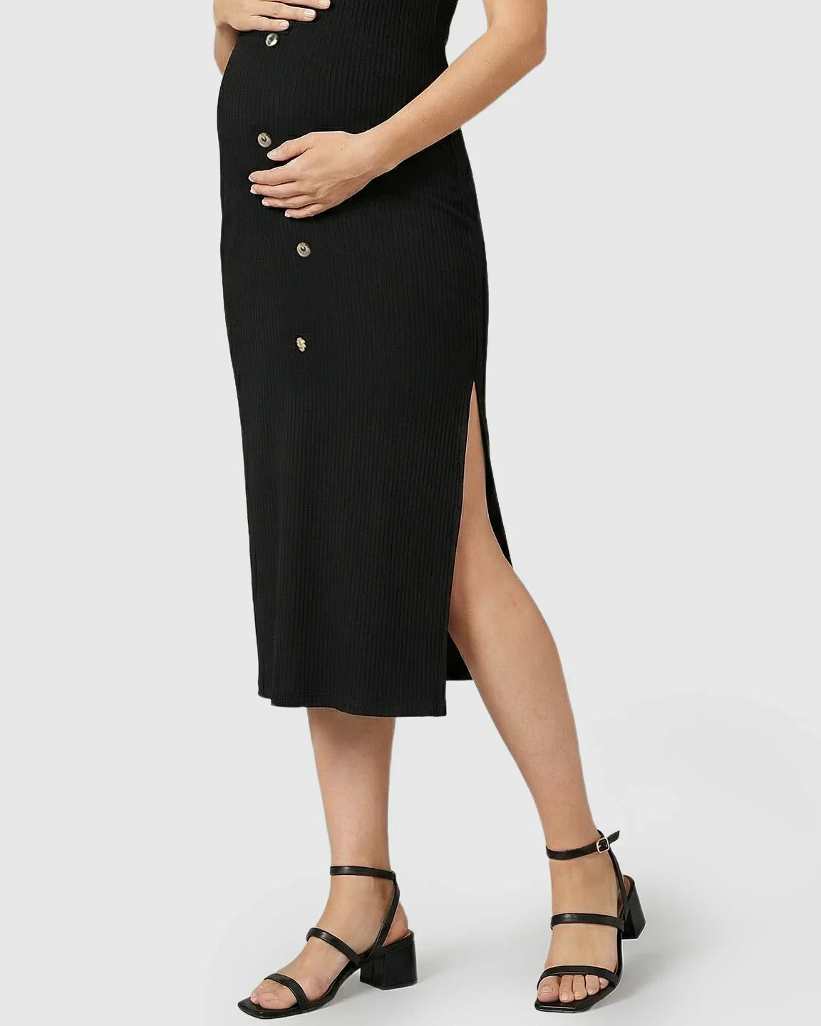 Bump Society – The Comfort Collection: Button-Front Bodycon Maternity Midi Dress
