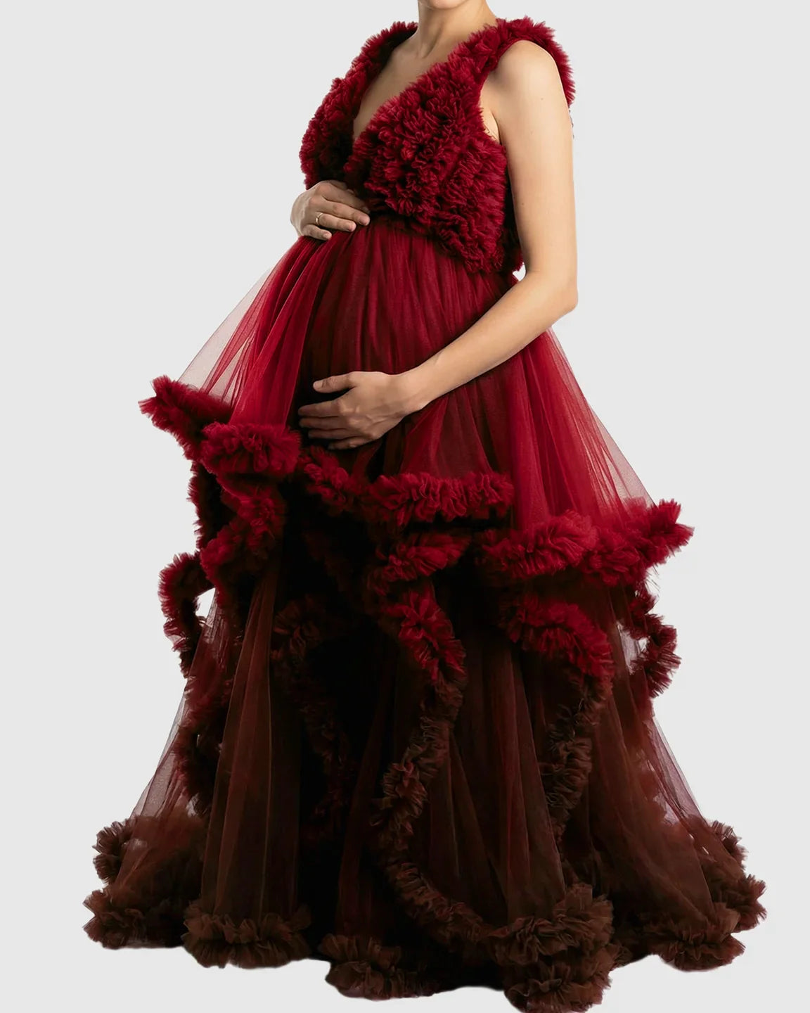 Bump Society – The Comfort Collection: Ruffled Bodice Multi-Layer Mesh Pleats Maternity Gown