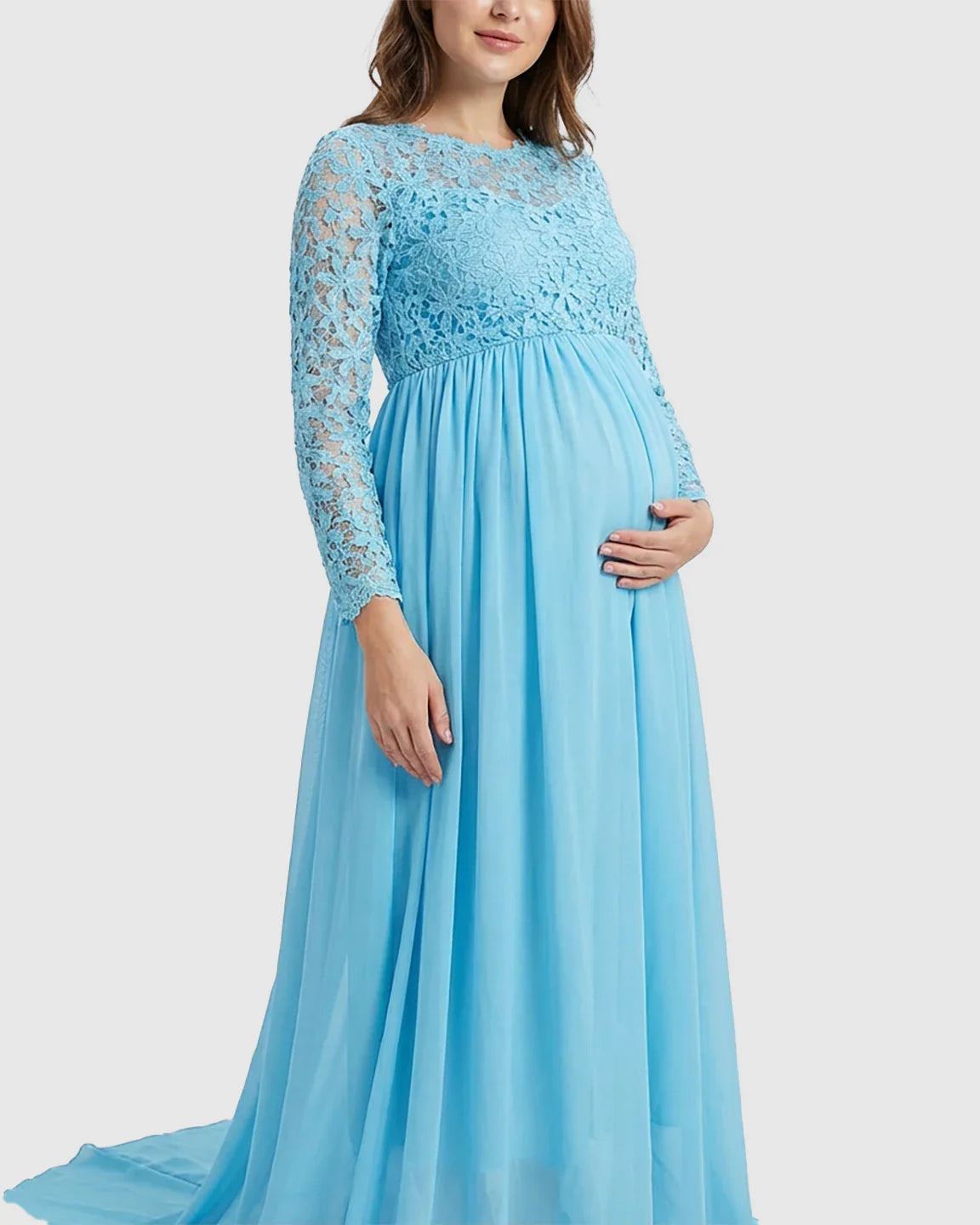 Bump Society – The Comfort Collection: Lace Bodice Trailing Skirt Maternity Photoshoot Gown
