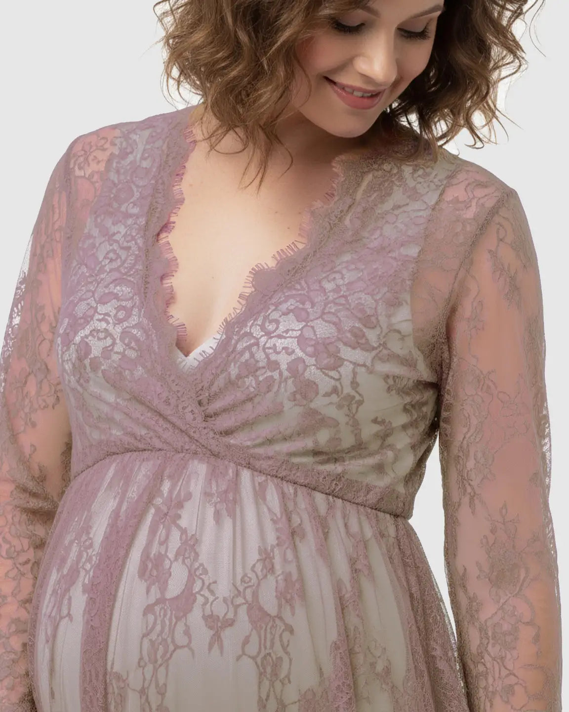 Maternity maxi dress in sheer floral lace, featuring an empire waist and flowing skirt.