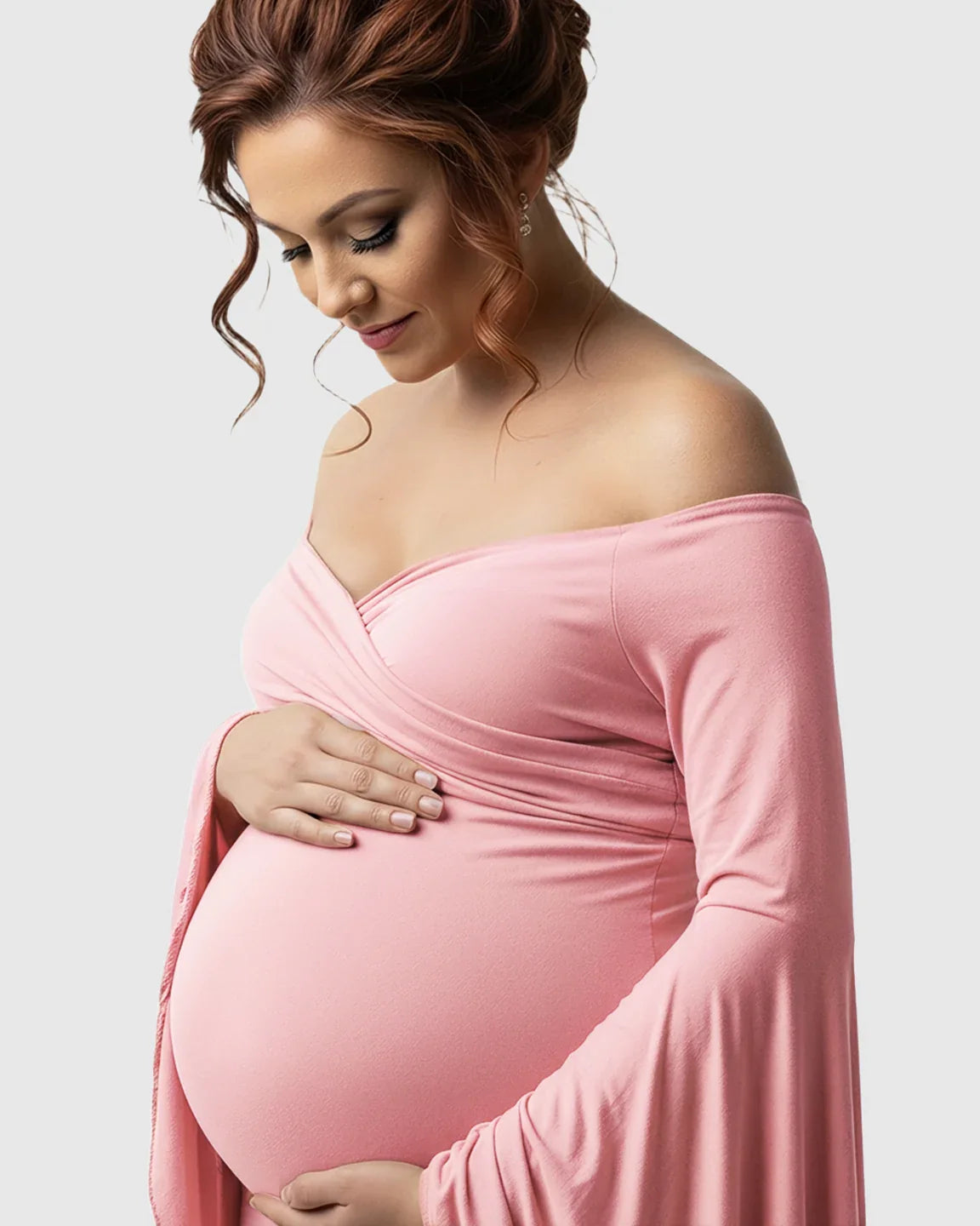 Bump Society – The Comfort Collection: Flared Sleeve Fishtail Train Maternity Photoshoot Dress