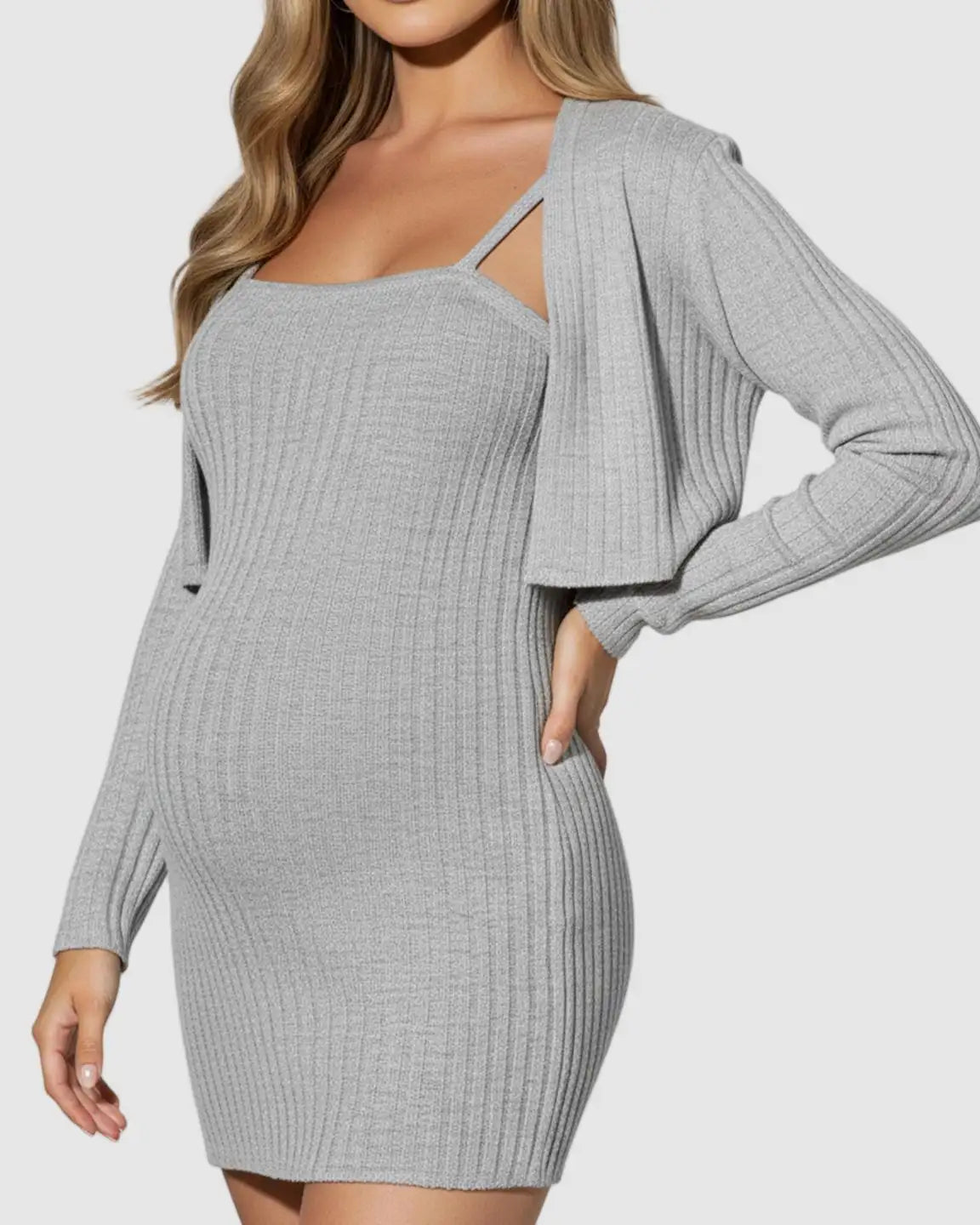 Grey ribbed knit maternity two-piece bolero bodycon dress set, designed for comfort and a flattering fit.