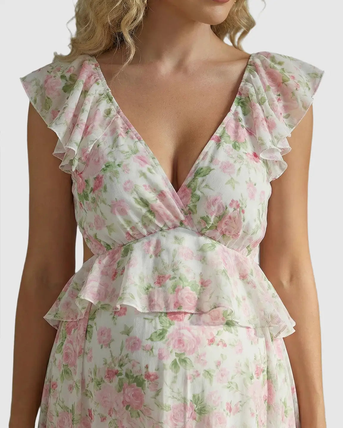 Bump Society – The Comfort Collection: Floral Ruffle Cap Sleeve Flowy Maternity Photoshoot Dress