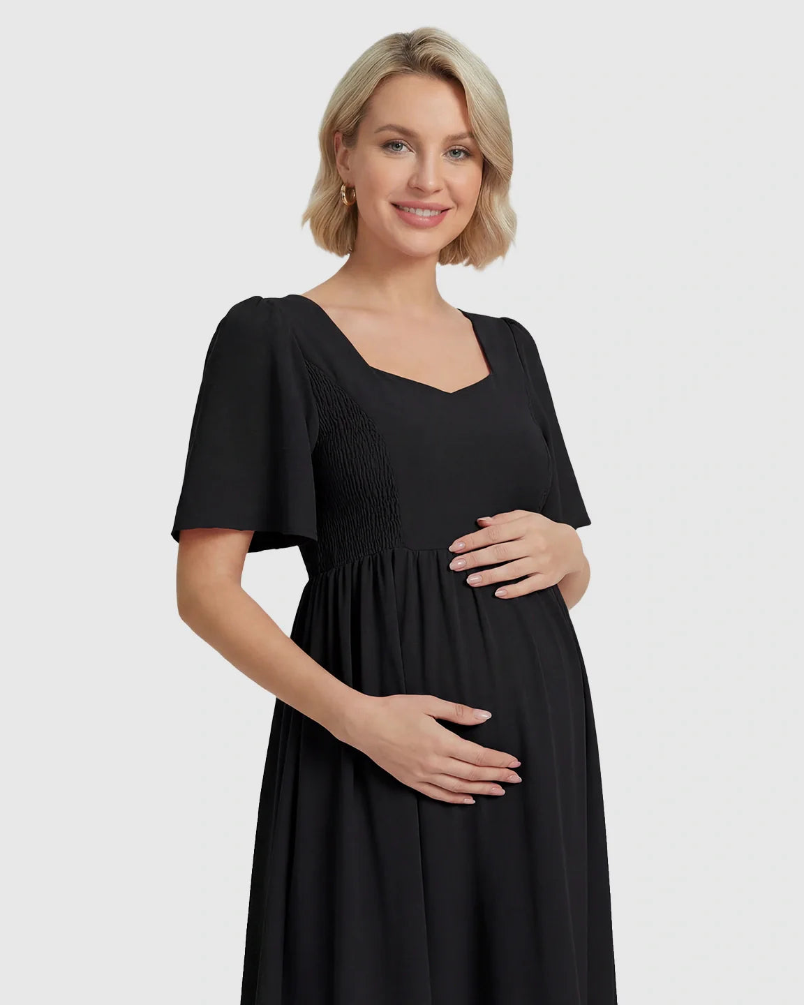 Bump Society – The Comfort Collection: Shirred Ruffle Sleeve Swing Maternity Midi Dress