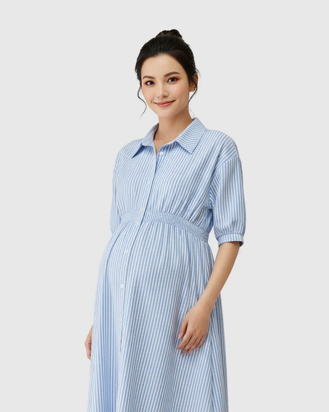Bump Society – The Comfort Collection: Gathered Waist Striped Shirt Maternity Dress