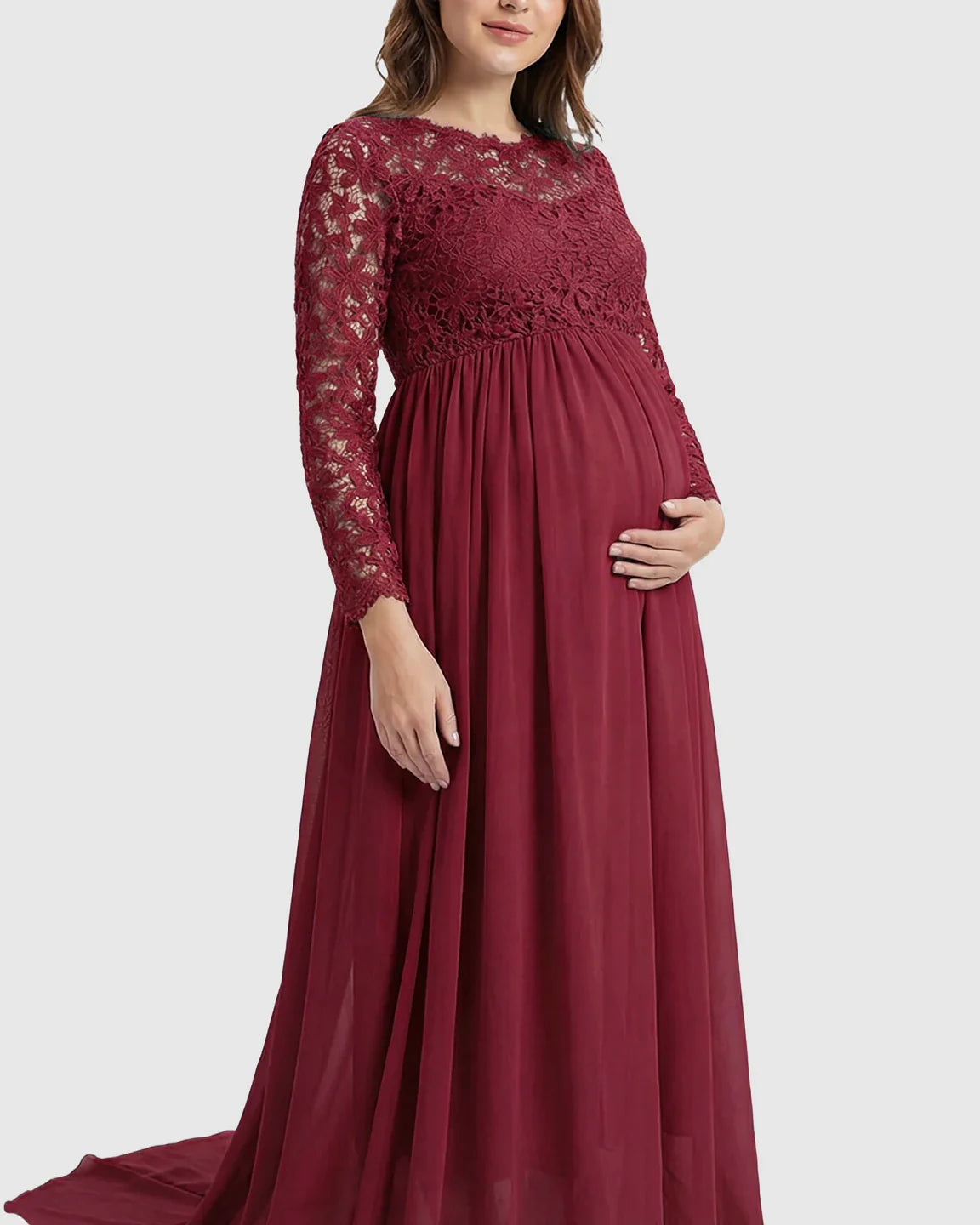 Bump Society – The Comfort Collection: Lace Bodice Trailing Skirt Maternity Photoshoot Gown
