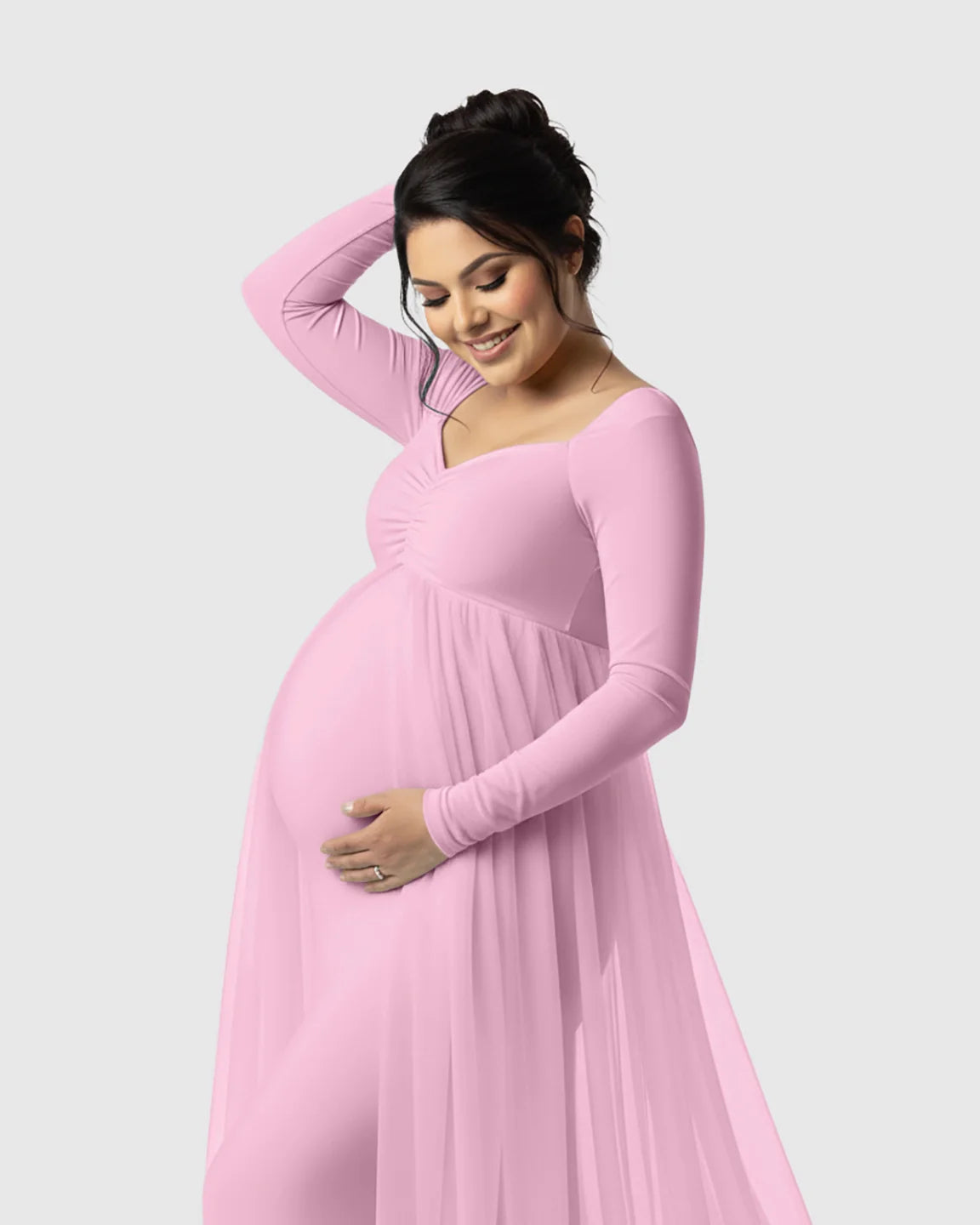 Bump Society – The Comfort Collection: Sheer Mesh Flowy Train Maternity Maxi Dress