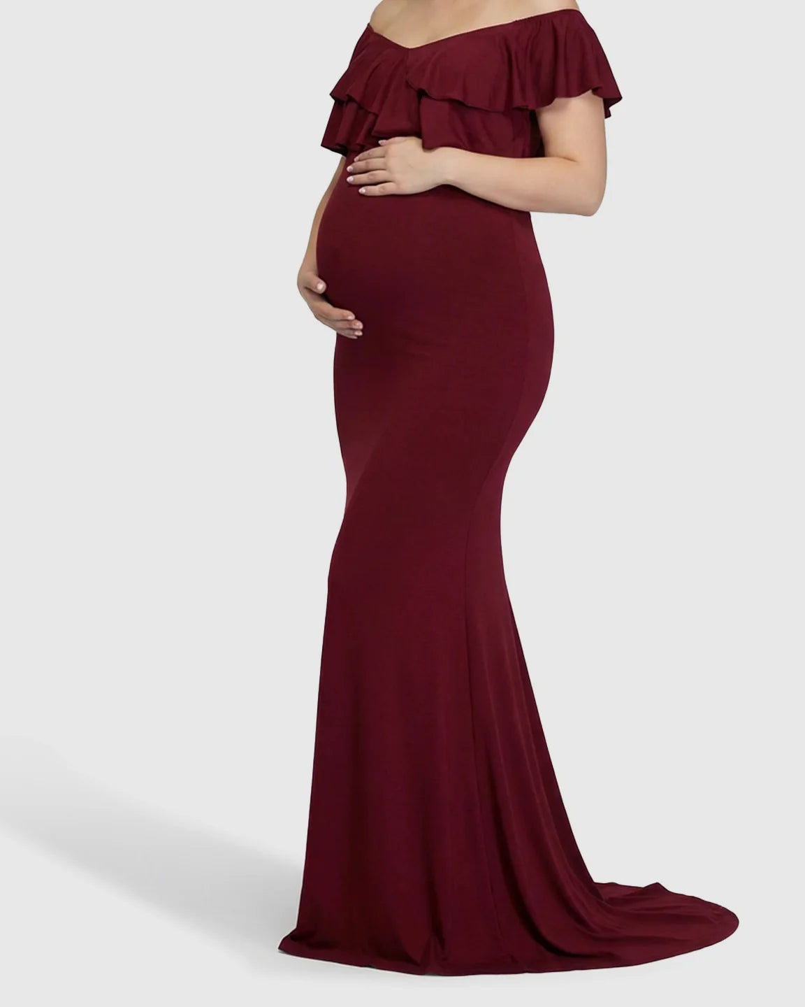 Bump Society – The Comfort Collection: Off-Shoulder Ruffled Bodycon Maternity Maxi Dress