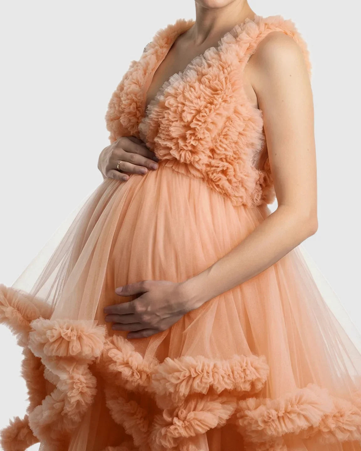 Bump Society – The Comfort Collection: Ruffled Bodice Multi-Layer Mesh Pleats Maternity Gown