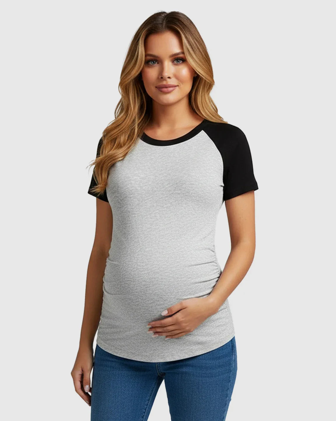 Bump Society – The Comfort Collection: Side-Ruched Raglan Sleeve Maternity T-Shirt