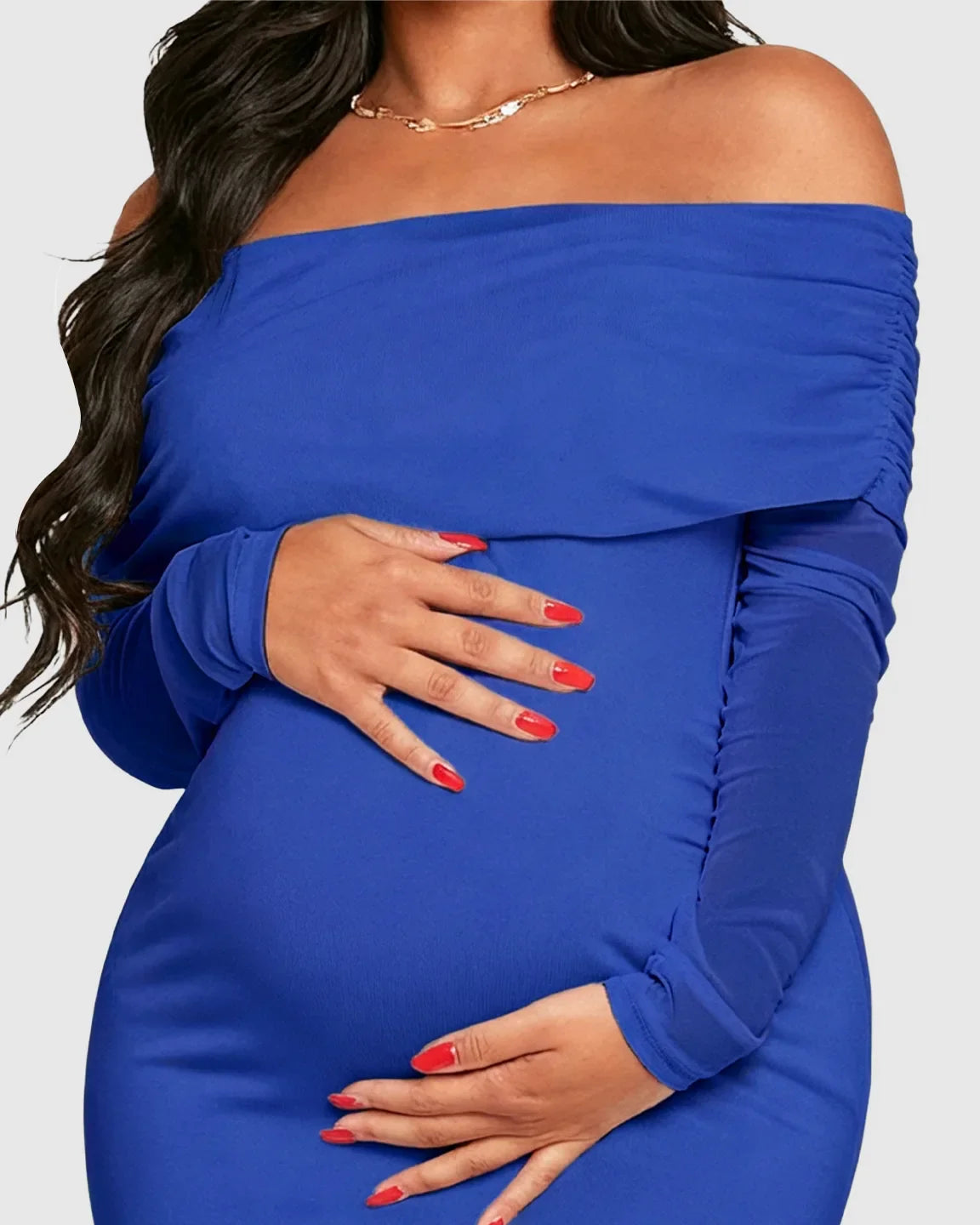 Blue off-shoulder draped neck mermaid fit maternity maxi dress, hugging a pregnant belly.