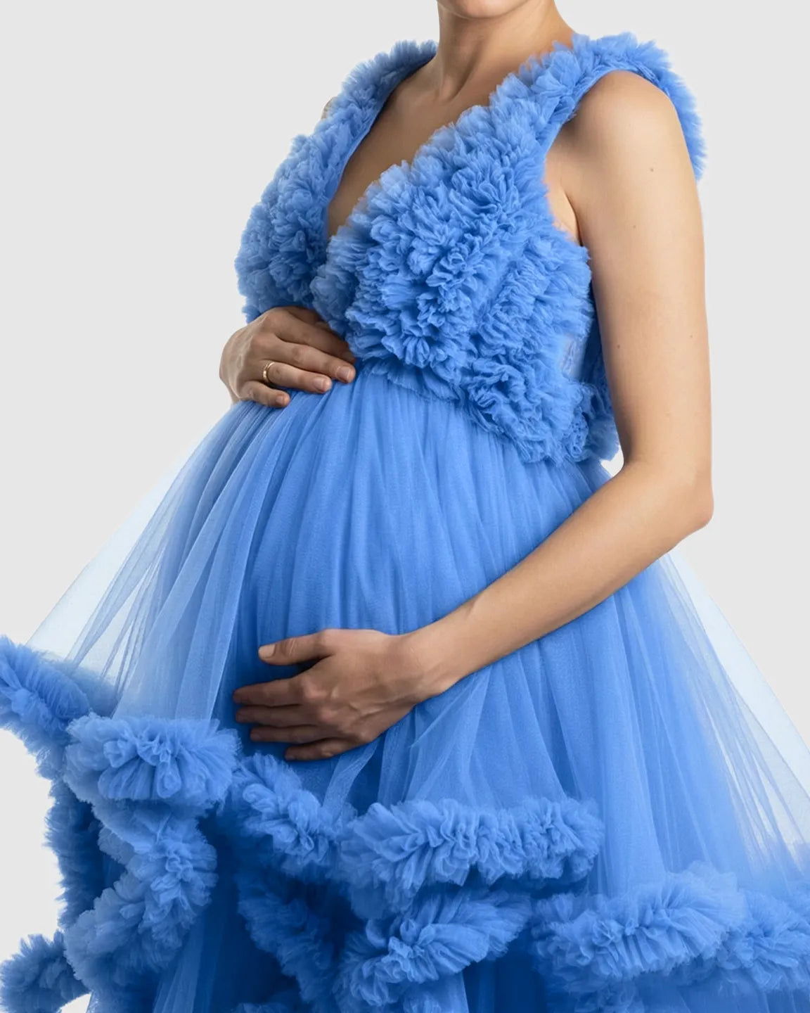 Bump Society – The Comfort Collection: Ruffled Bodice Multi-Layer Mesh Pleats Maternity Gown