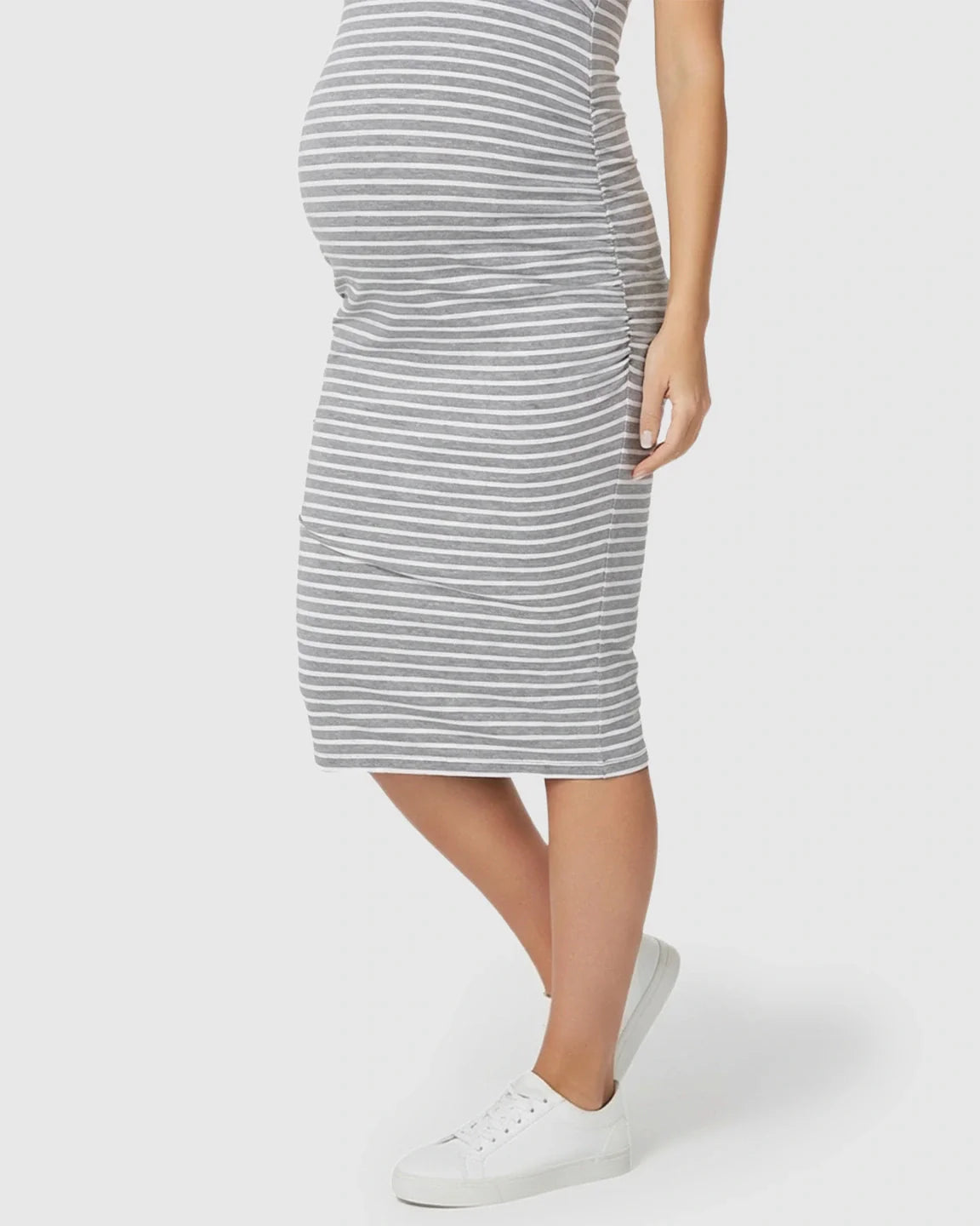 Maternity bodycon dress: grey and white striped sleeveless camisole with side pleats, worn by a pregnant woman.
