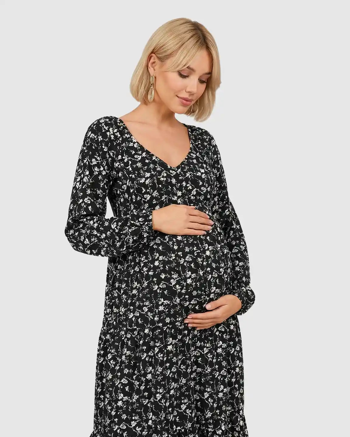 Bump Society – The Comfort Collection: Long Sleeve Dark Floral Print Maternity Midi Dress
