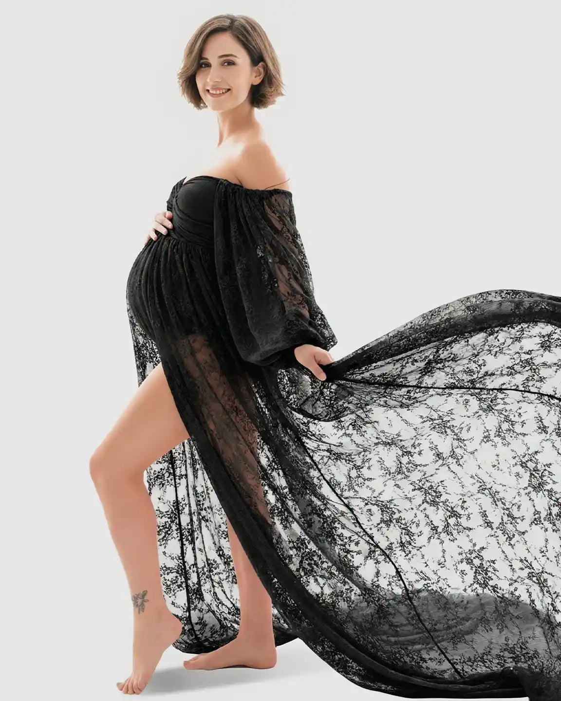 Bump Society – The Comfort Collection: Sheer Lace Flowy Maternity Photoshoot Gown