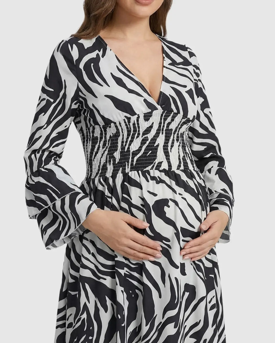 Bump Society – The Comfort Collection: Geometric Pattern Smocked Mid-Waist Maternity Maxi Dress