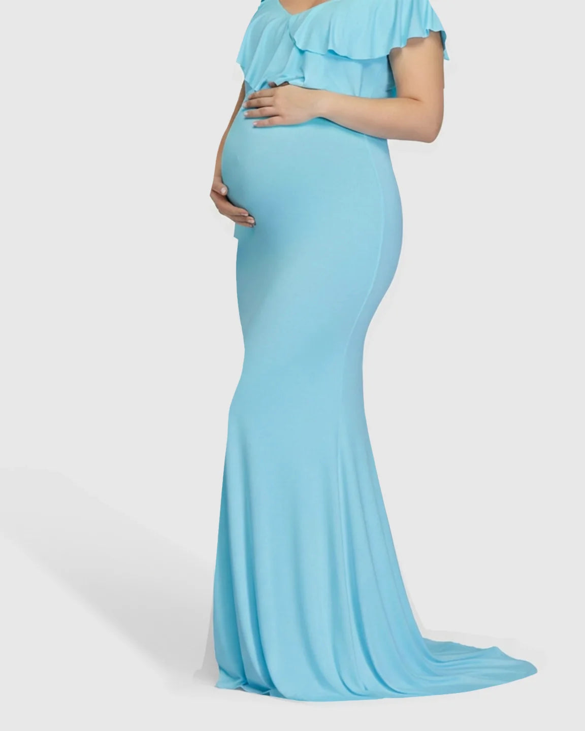 Bump Society – The Comfort Collection: Off-Shoulder Ruffled Bodycon Maternity Maxi Dress