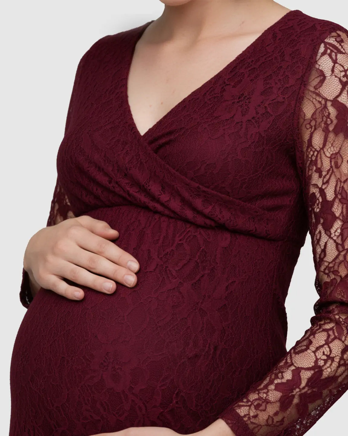 Bump Society – The Comfort Collection: Sheer Lace Long Sleeve Maternity Midi Dress