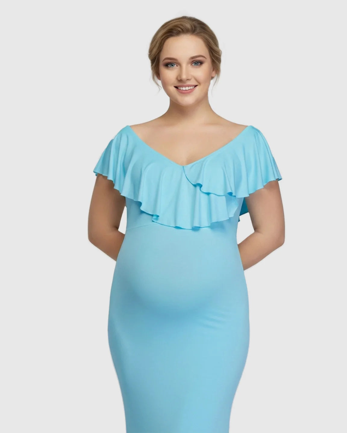Bump Society – The Comfort Collection: Off-Shoulder Ruffled Bodycon Maternity Maxi Dress