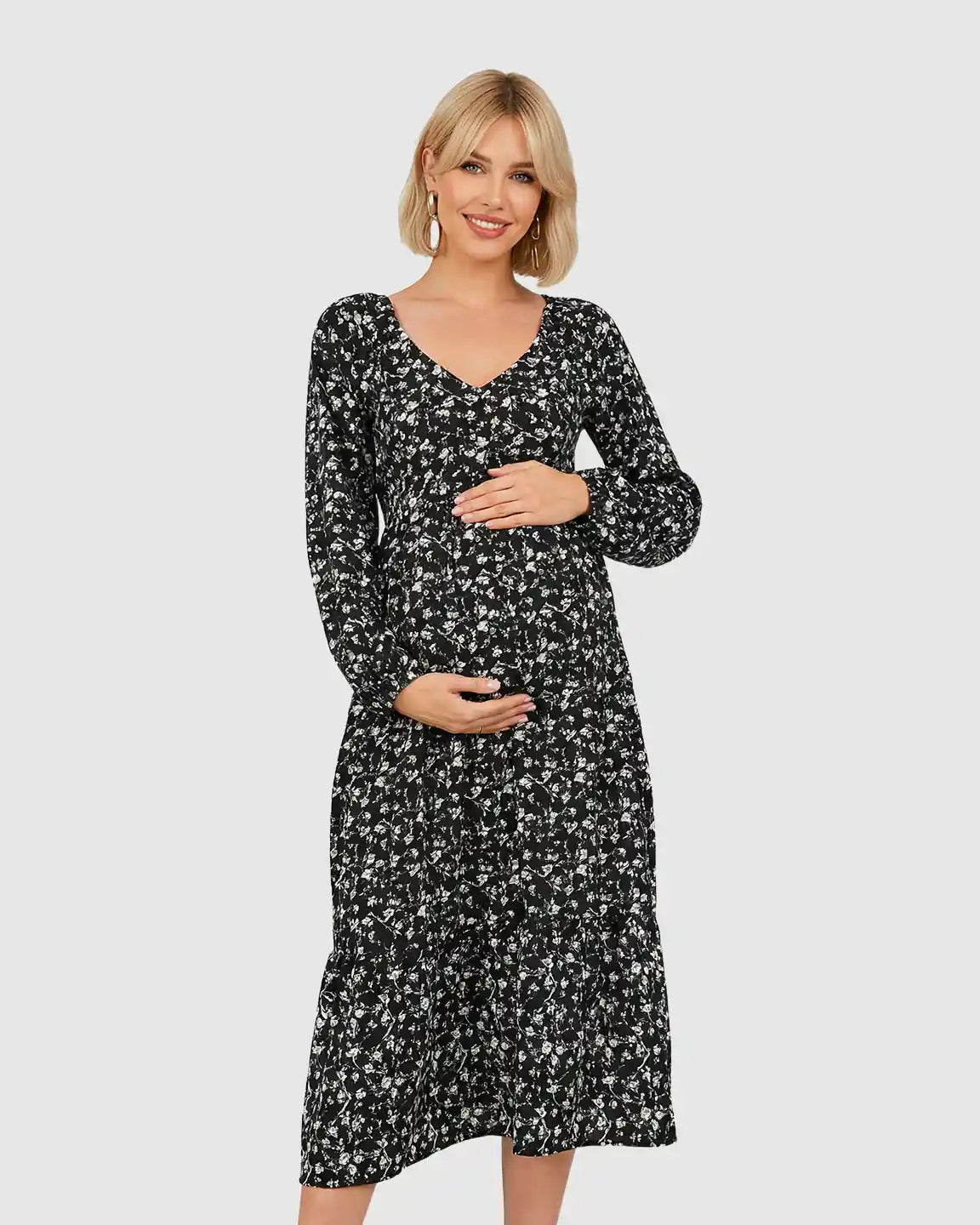 Bump Society – The Comfort Collection: Long Sleeve Dark Floral Print Maternity Midi Dress