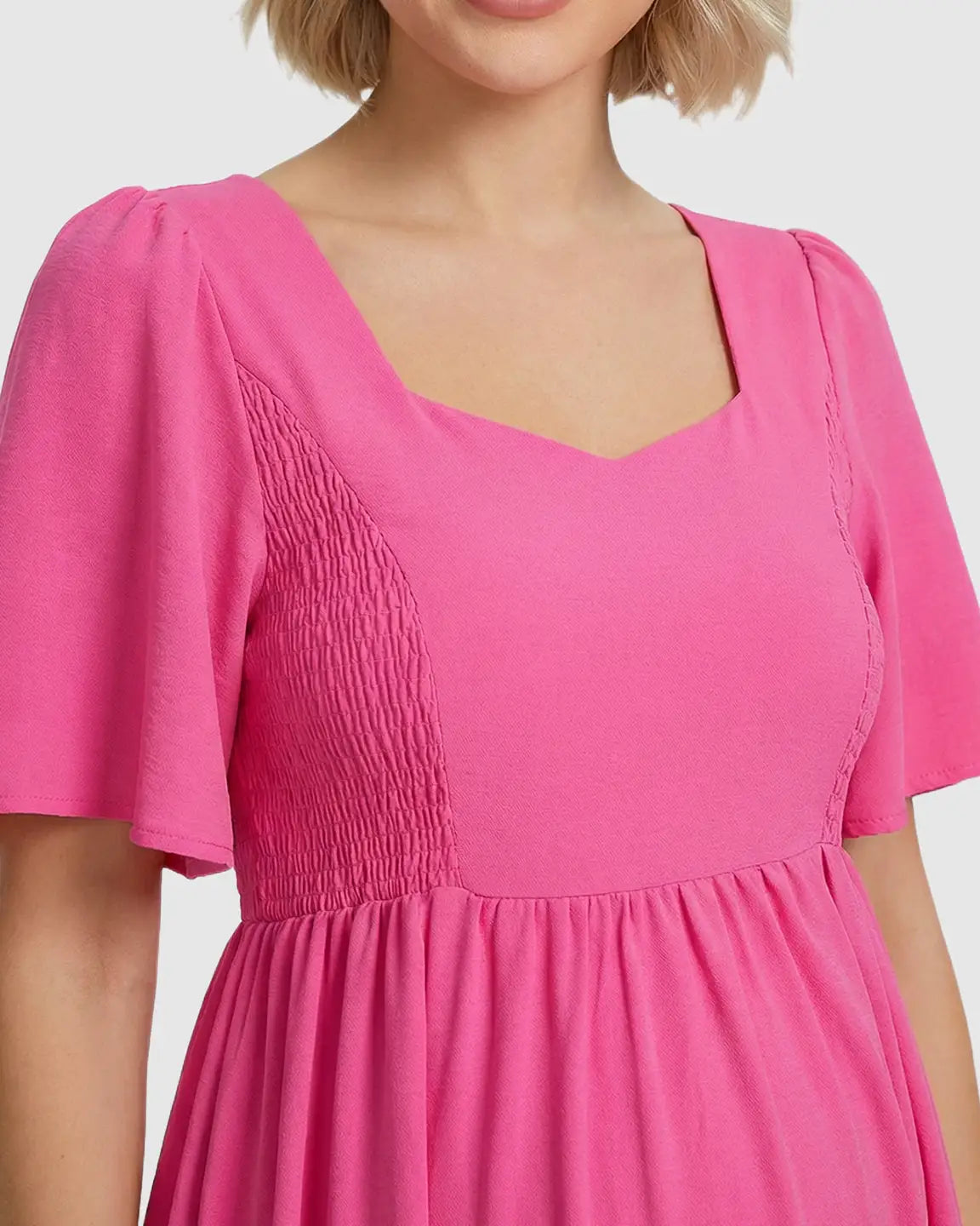 Bump Society – The Comfort Collection: Shirred Ruffle Sleeve Swing Maternity Midi Dress