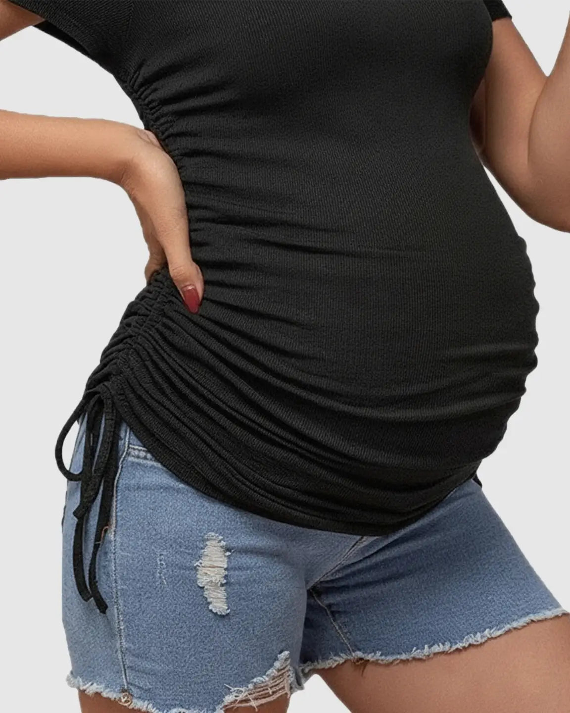 Bump Society – The Comfort Collection: Ruched Waist Casual Maternity Top With Denim Shorts